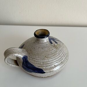 Ceramic bud vase with blue design and handle
